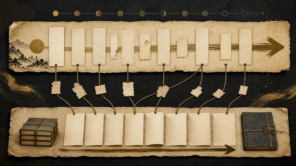 出来事の時代と後世の編纂時代の時間差を示す、文字なしの概念図