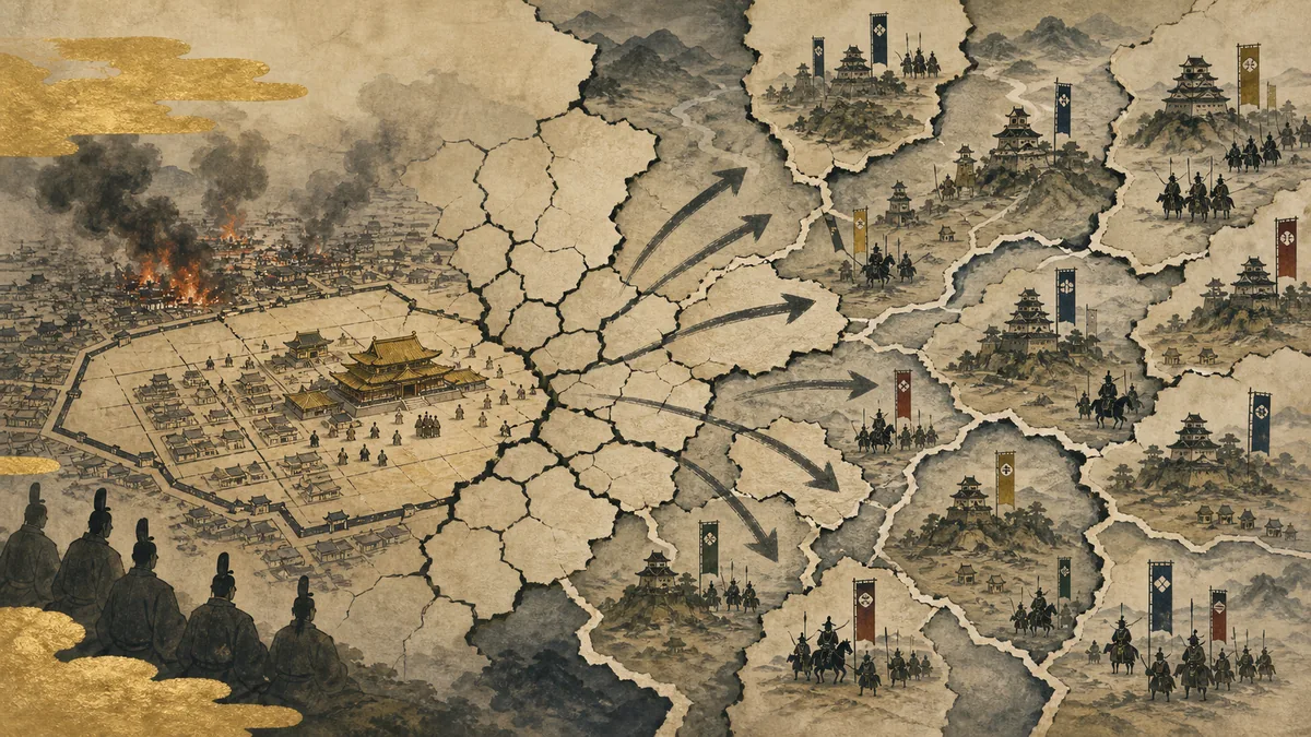 京都を中心とする権威が崩れ、各地へ力が分散していく戦国時代初期の概念図
