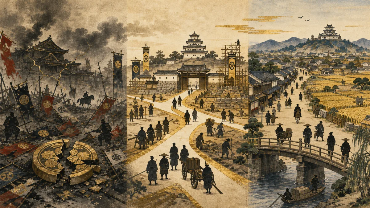 権威の崩壊から統合、泰平の固定へ進む戦国時代の三段階を示す概念図