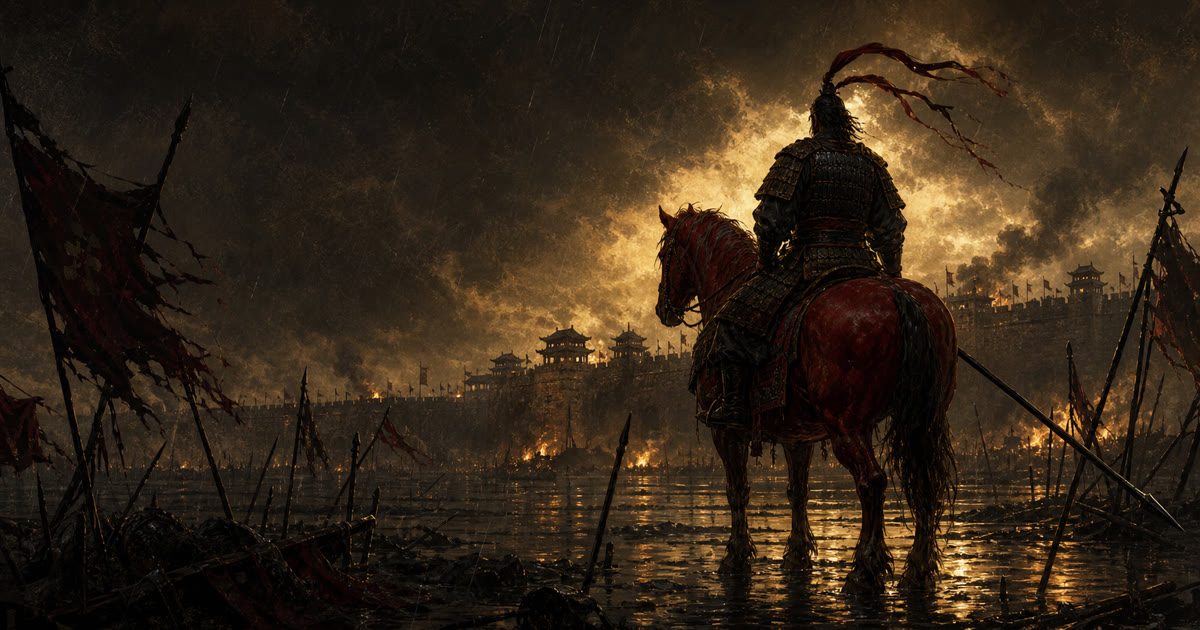 下邳の城壁を前に赤い馬に乗る武人の後ろ姿を描いた呂布記事のイメージ
