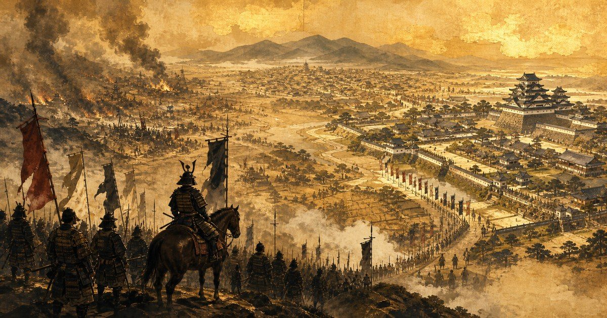 応仁の乱から大坂の陣までの戦国時代の流れを俯瞰する歴史イメージ