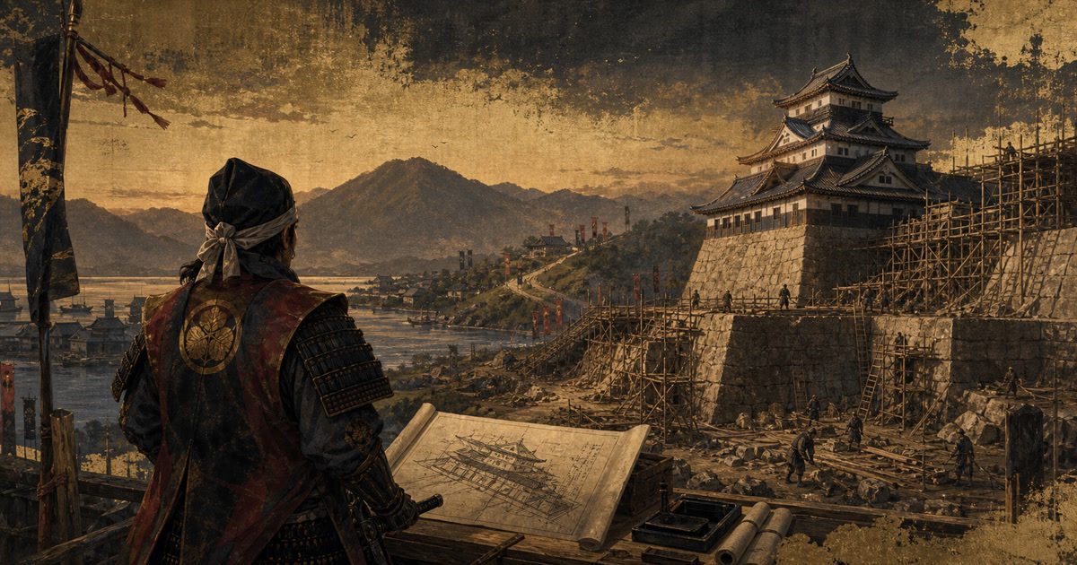 城普請を見つめる戦国武将と築城現場を描いた藤堂高虎記事のイメージ